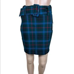 Womens Forever 21 Plaid Mini Skirt Size M Blue Green With Belt